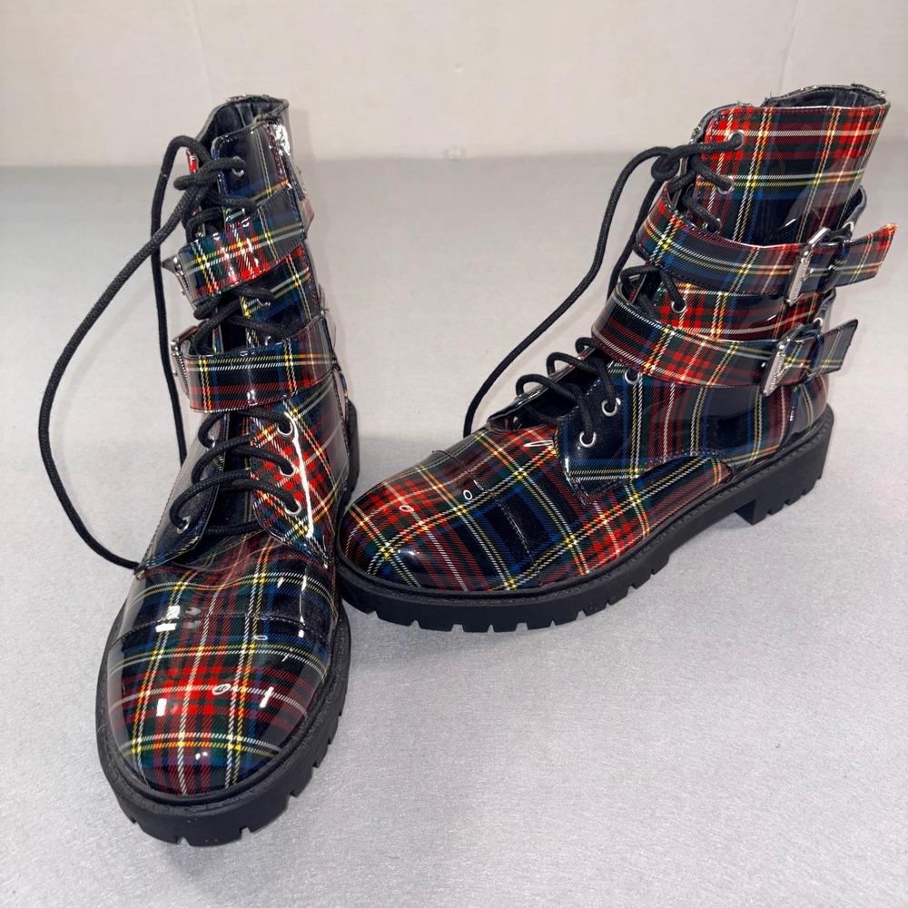 Jessica Simpson Plaid Patent Combat Boots Multi Color NWOT size 10